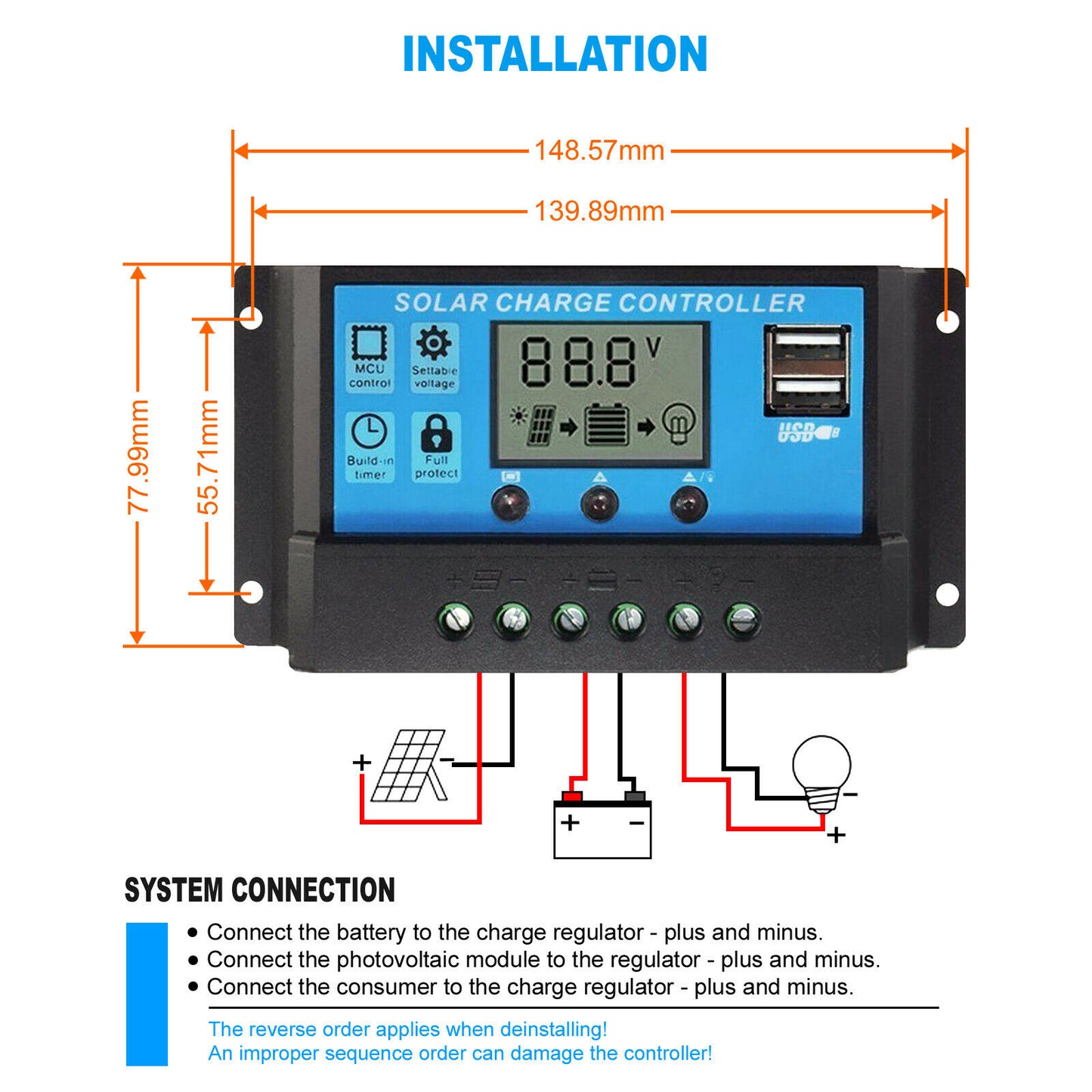 Solar Panel Charge Controller Regulator 12V/24V auto dual USB 30A Battery PWM