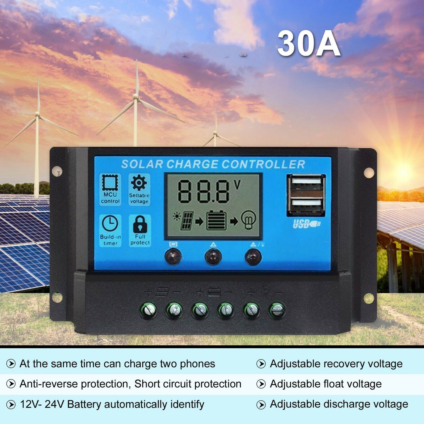 Solar Panel Charge Controller Regulator 12V/24V auto dual USB 30A Battery PWM
