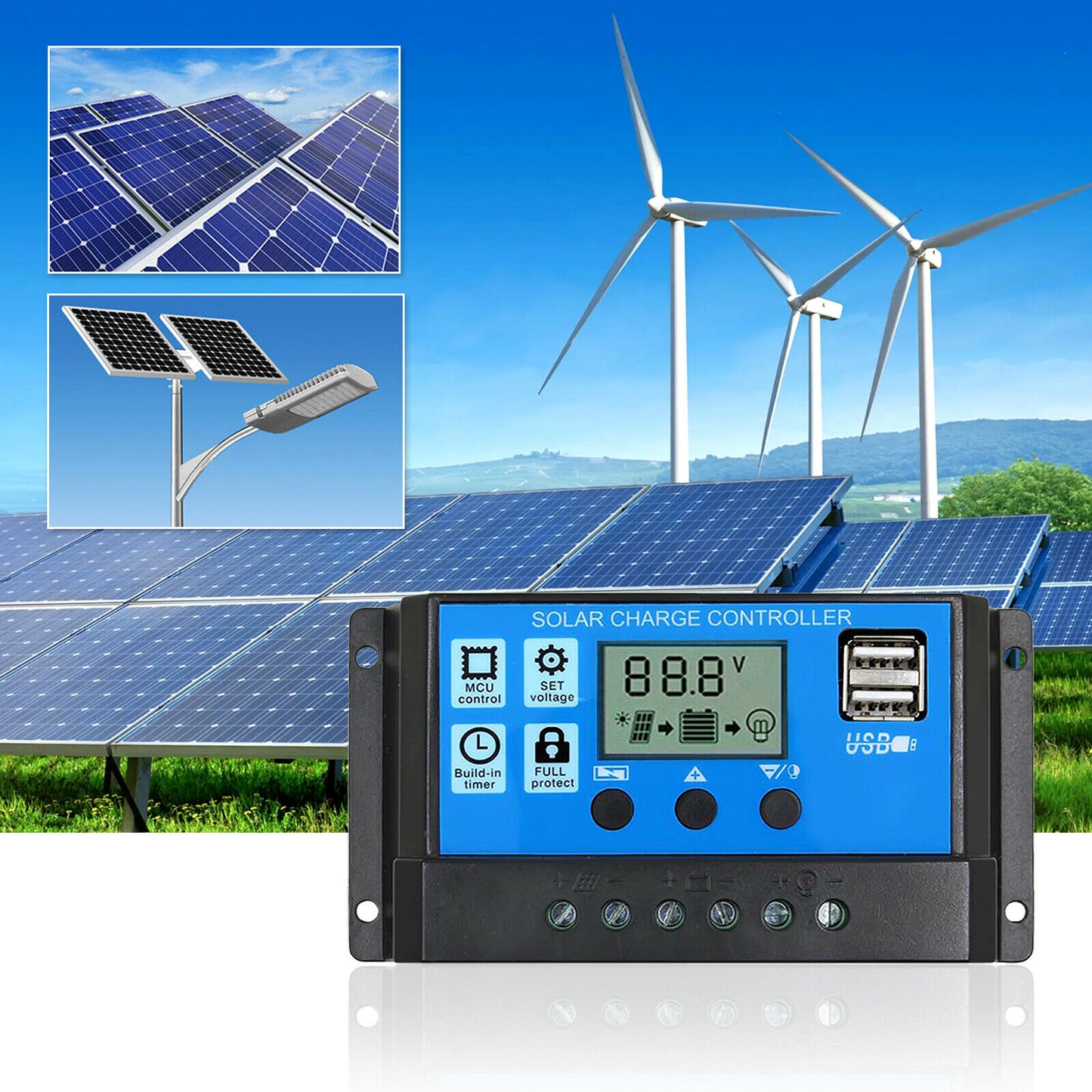 Solar Panel Charge Controller Regulator 12V/24V auto dual USB 30A Battery PWM