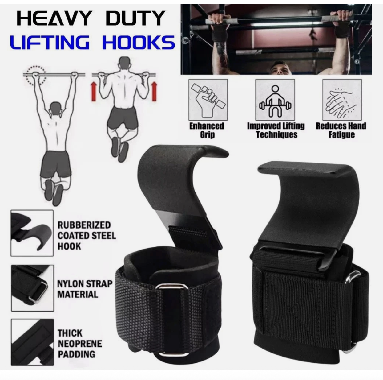 WEIGHT LIFTING POWER HOOKS POWER GRIPS WRIST SUPPORT BAR STRAPS GYM HOOK GLOVES