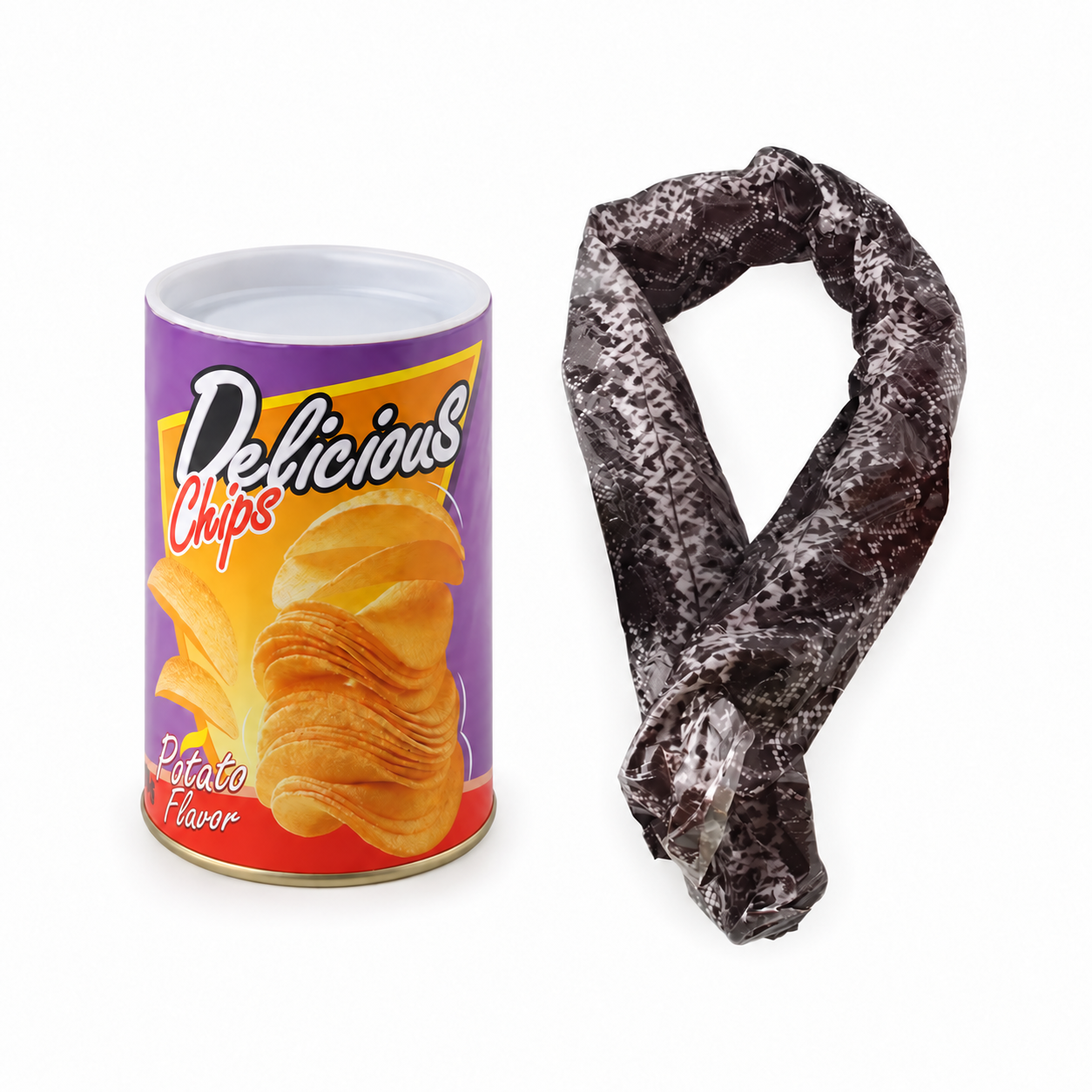 Prank Potato Chip Can with Black-Grey Surprise Snake