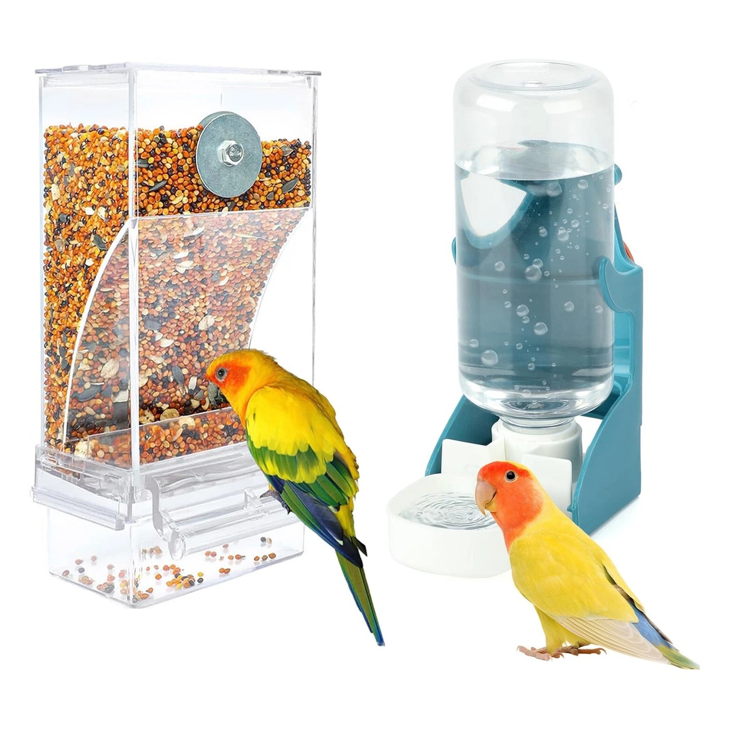 2pcs Automatic No Mess Bird Cage Feeder & Water Dispenser Set - Acrylic Seed Hopper & Gravity Drinker