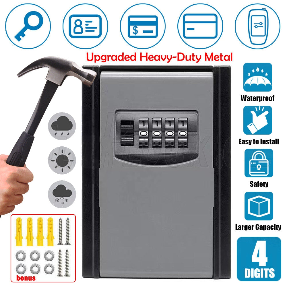 4-Digit Outdoor Wall-Mounted Key Safe Lock Box – Weather-Resistant Grey