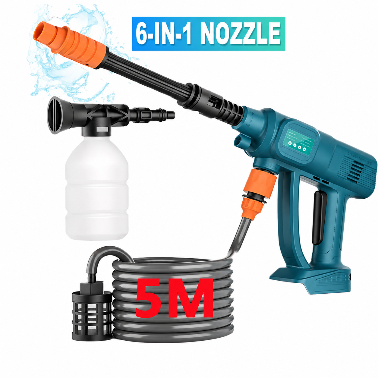 Cordless pressure washer kit with 6-in-1 nozzle and 5 metre hose