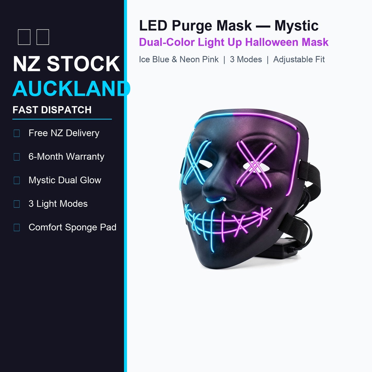 LED Purge Mask — Mystic | Light Up EL Wire Halloween & Rave Costume Mask | 3 Modes