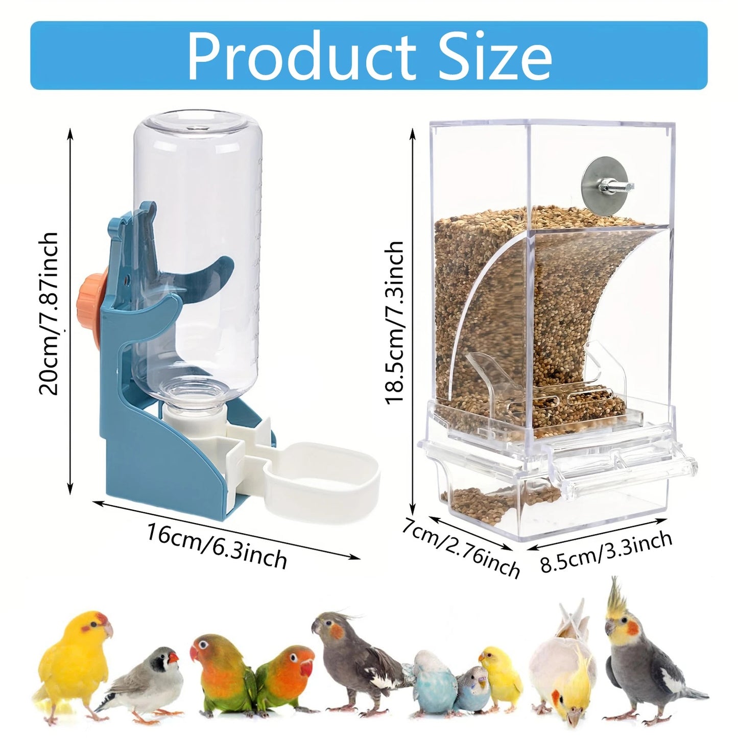 2pcs Automatic No Mess Bird Cage Feeder & Water Dispenser Set - Acrylic Seed Hopper & Gravity Drinker