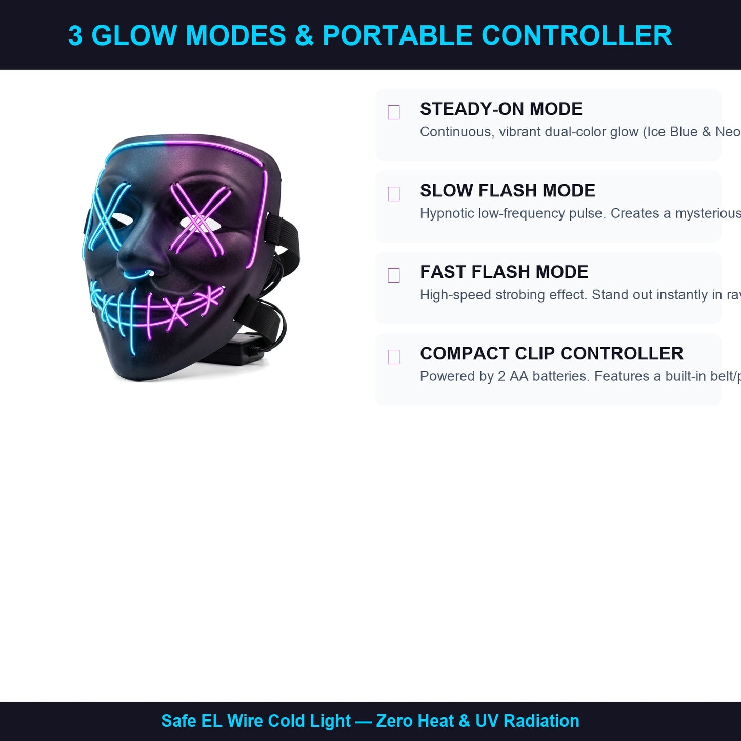 LED Purge Mask — Mystic | Light Up EL Wire Halloween & Rave Costume Mask | 3 Modes