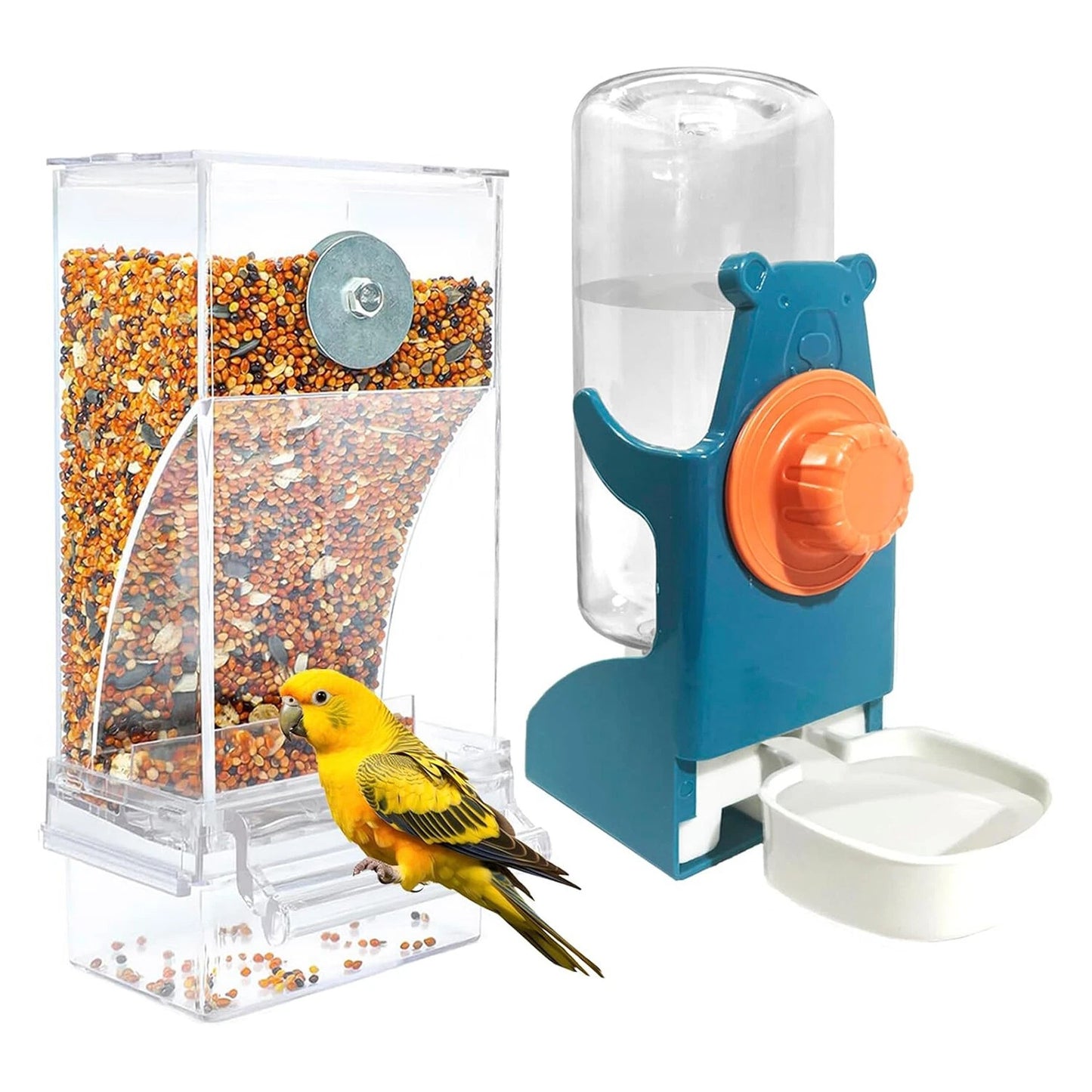 2pcs Automatic No Mess Bird Cage Feeder & Water Dispenser Set - Acrylic Seed Hopper & Gravity Drinker
