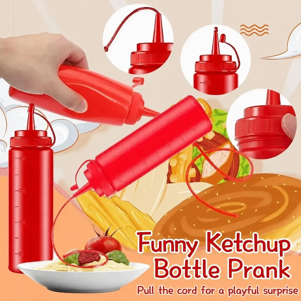 Prank Ketchup Bottle | Fake Squeeze Squirt String Gag Toy | Mess-Free Party Fun