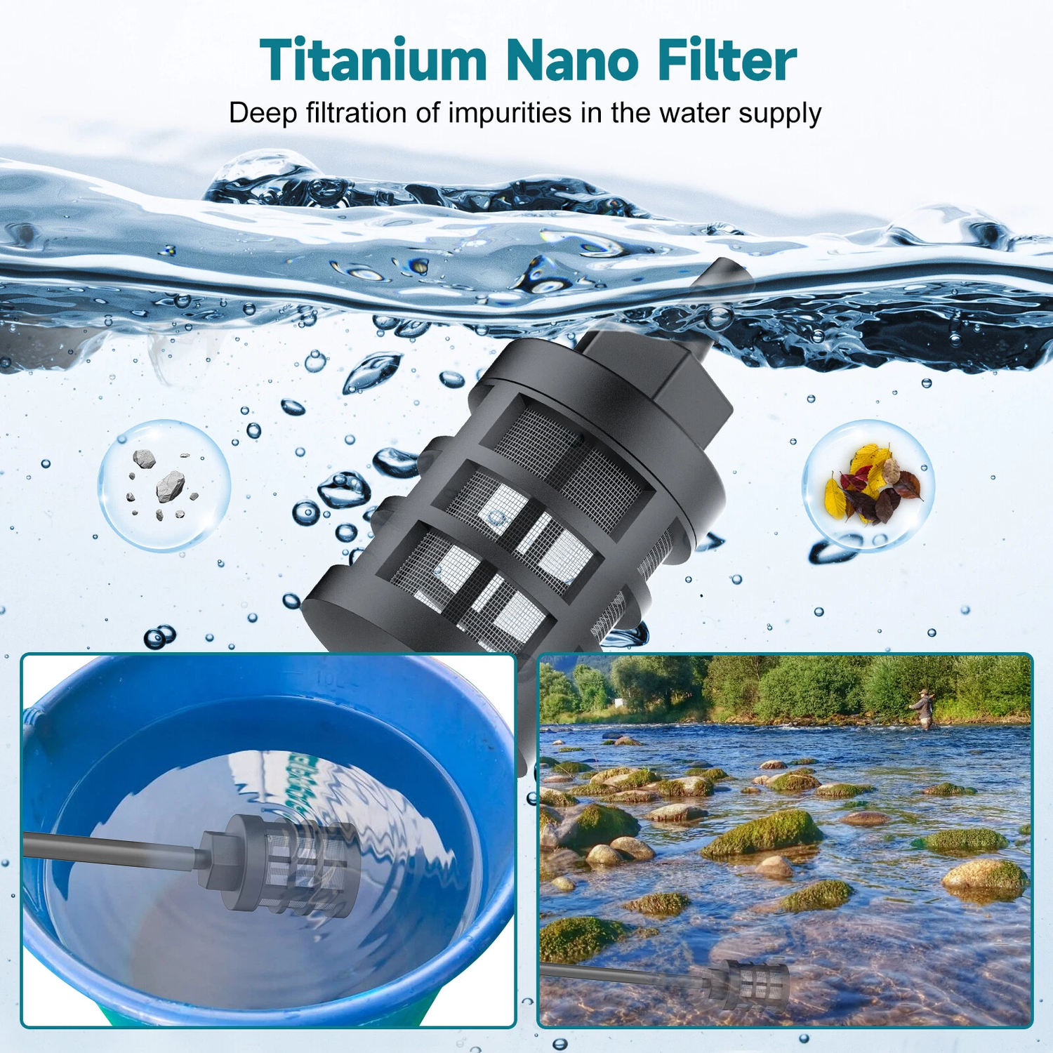 Water inlet filter for portable cordless pressure washer