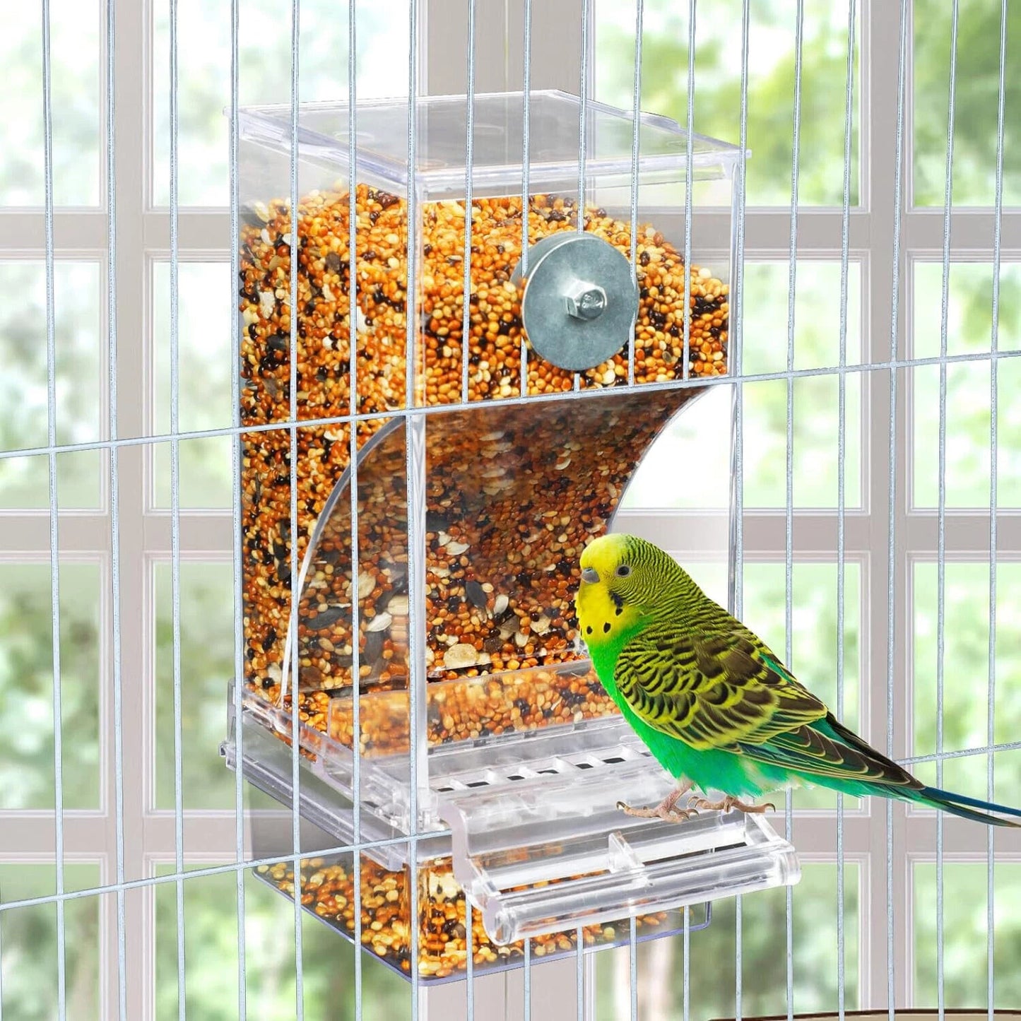 2pcs Automatic No Mess Bird Cage Feeder & Water Dispenser Set - Acrylic Seed Hopper & Gravity Drinker