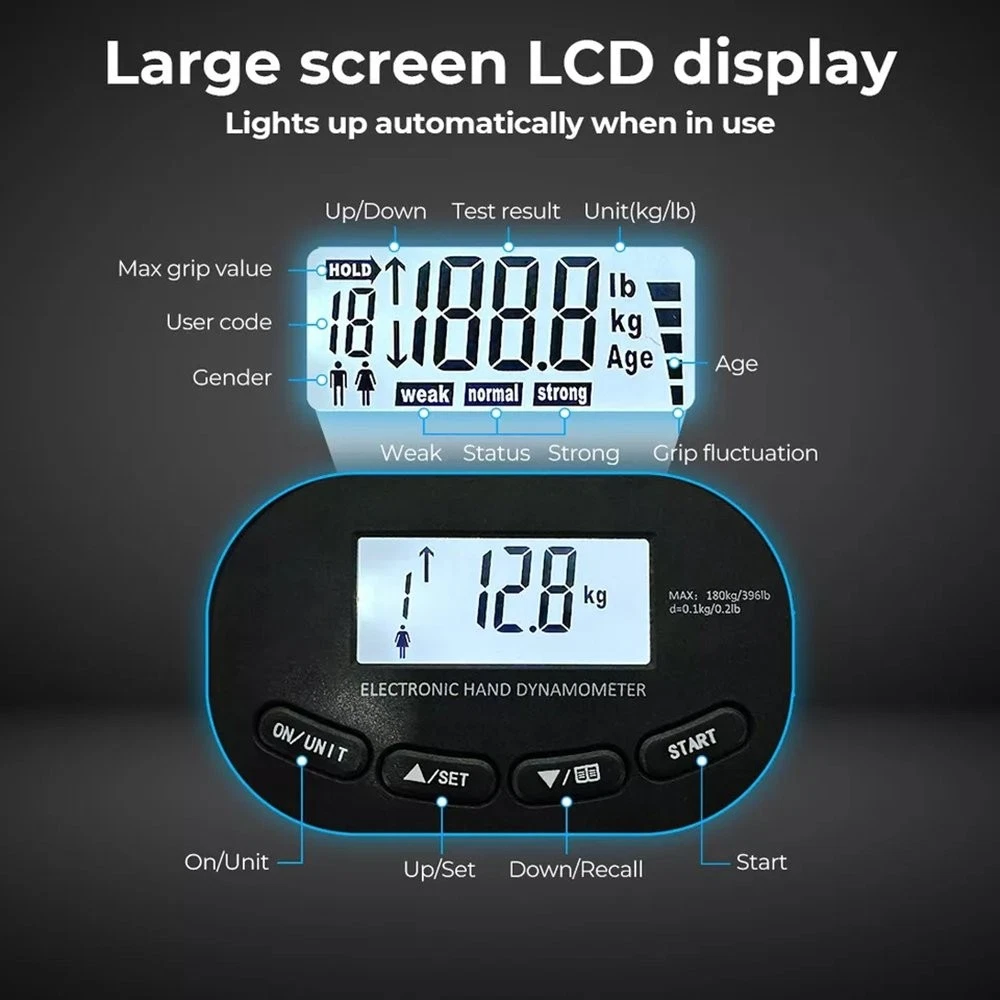 Digital Hand Grip Strength Tester | Dynamometer 180kg LCD Display 19 Profiles
