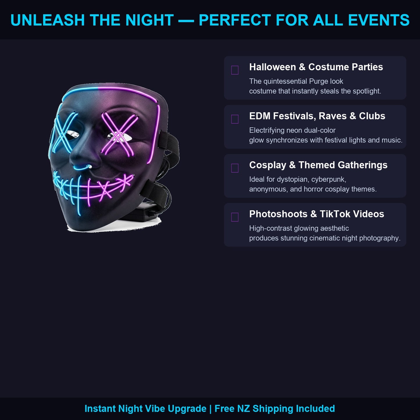 LED Purge Mask — Mystic | Light Up EL Wire Halloween & Rave Costume Mask | 3 Modes