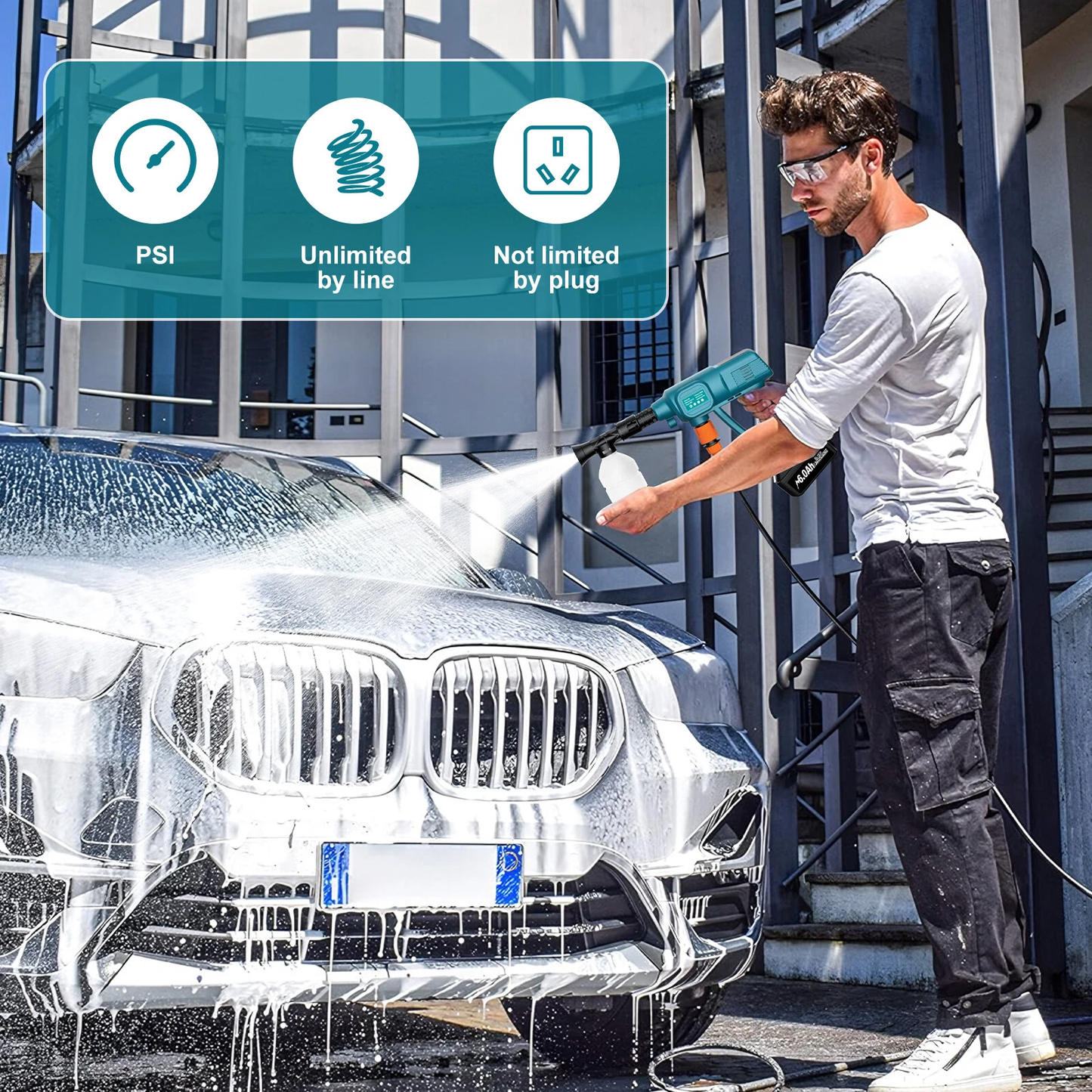 Cordless water spray gun washing a car