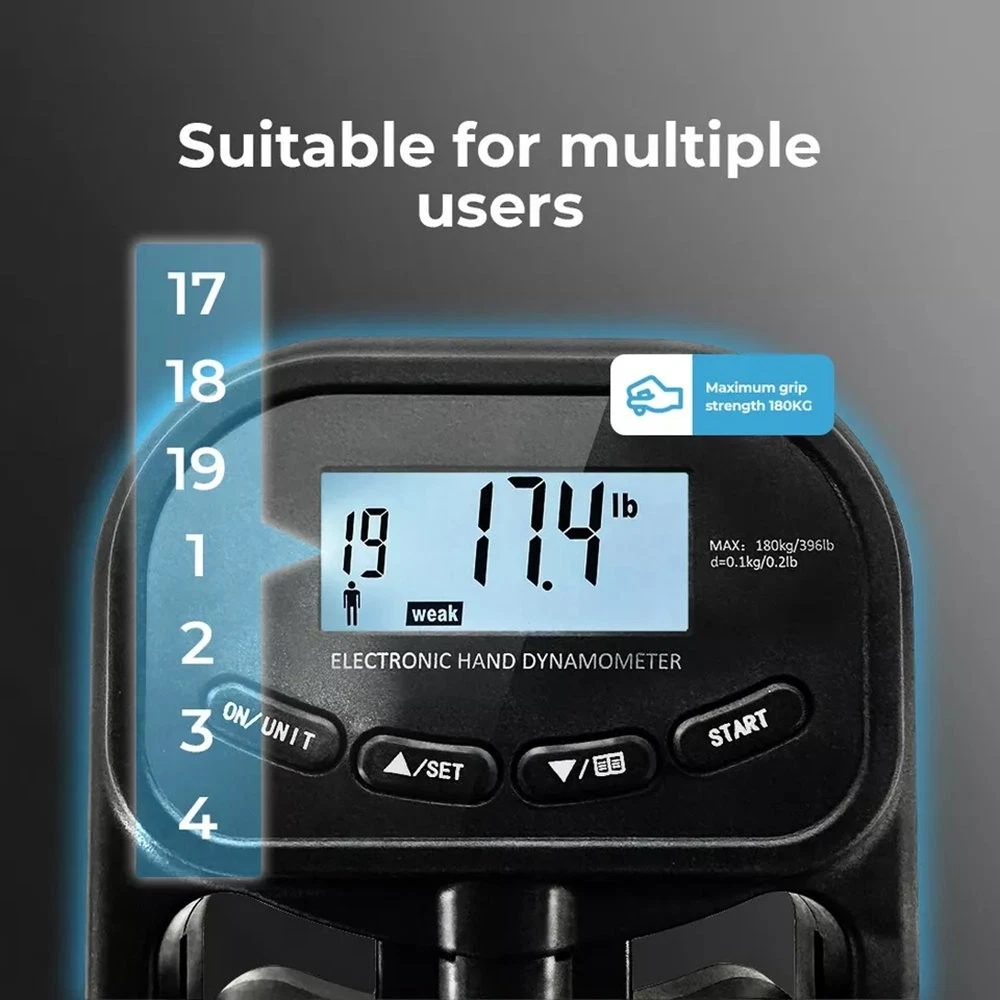 Digital Hand Grip Strength Tester | Dynamometer 180kg LCD Display 19 Profiles