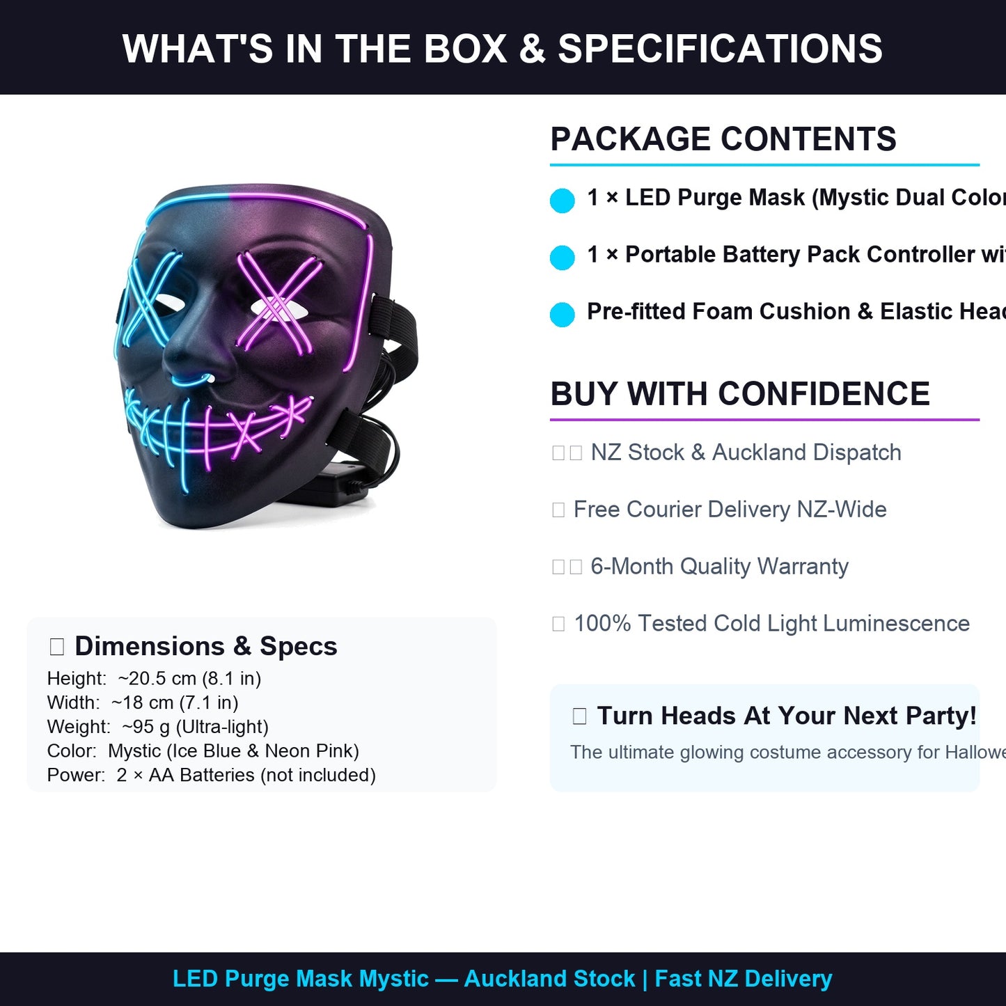 LED Purge Mask — Mystic | Light Up EL Wire Halloween & Rave Costume Mask | 3 Modes