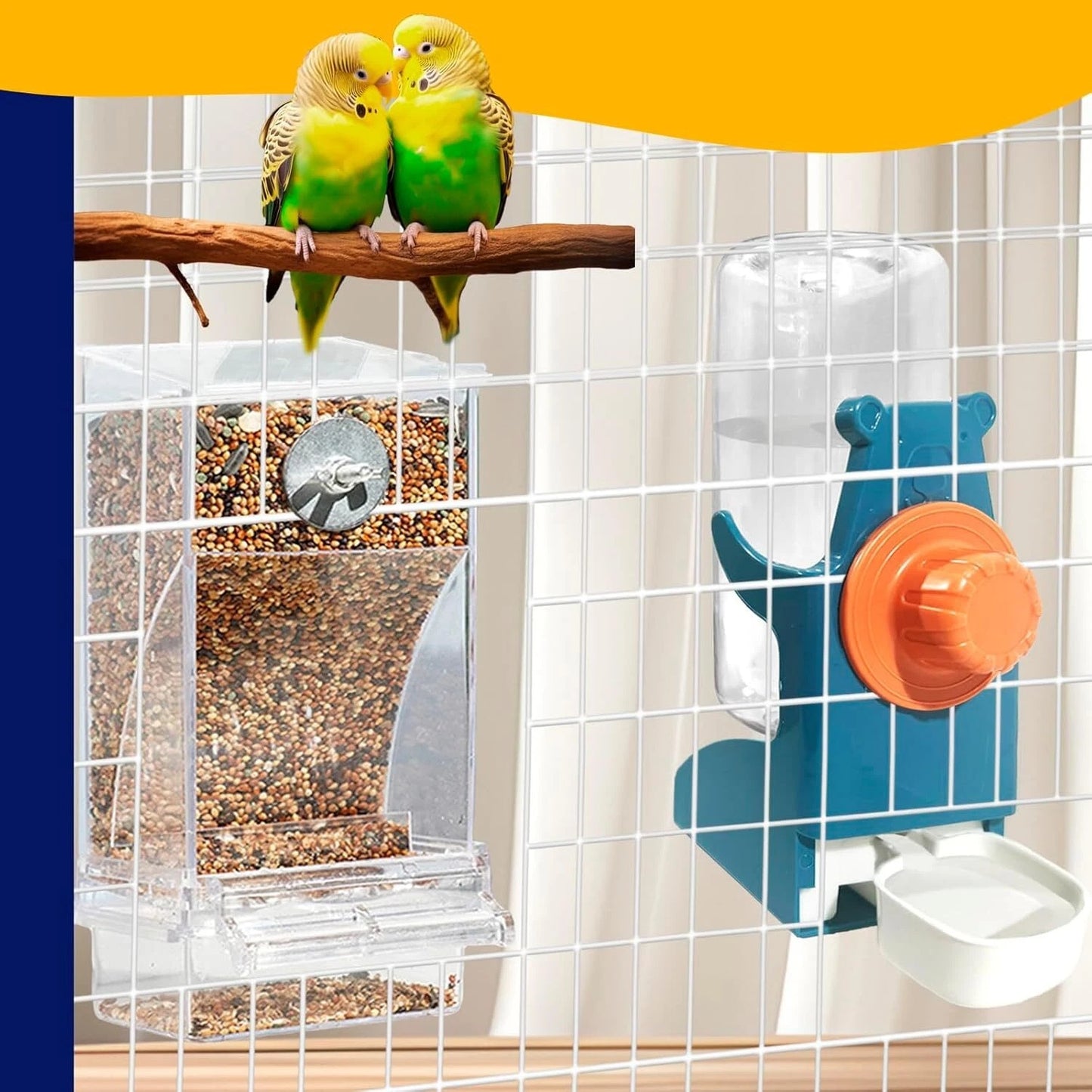 2pcs Automatic No Mess Bird Cage Feeder & Water Dispenser Set - Acrylic Seed Hopper & Gravity Drinker
