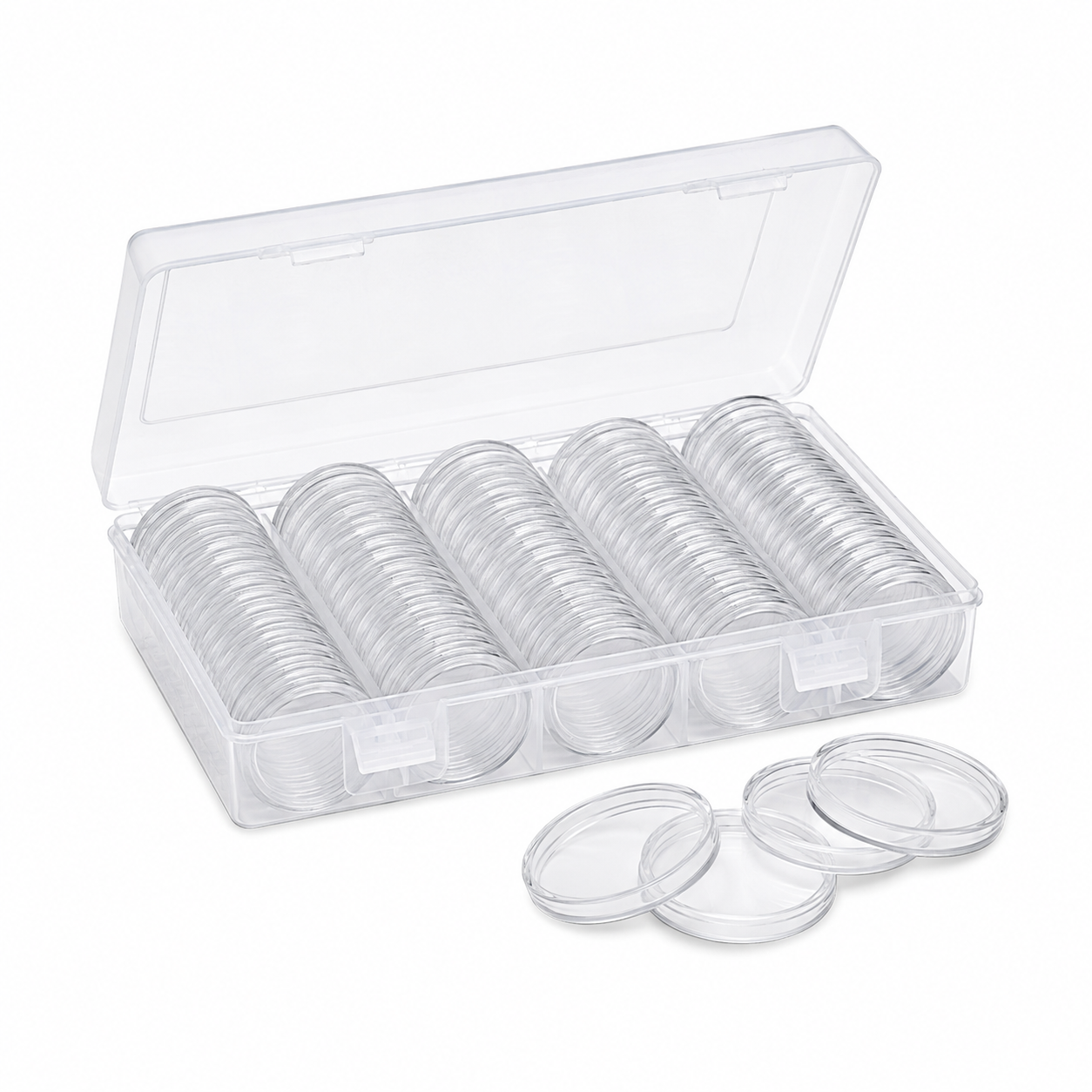 Clear storage box with 100 round coin capsules on white background, coins not included