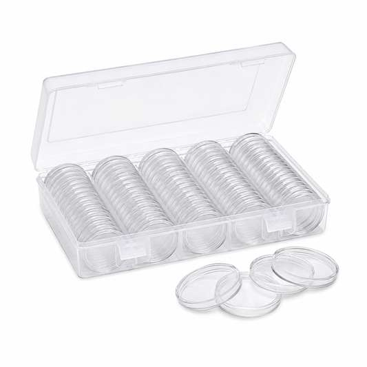 Clear storage box with 100 round coin capsules on white background, coins not included