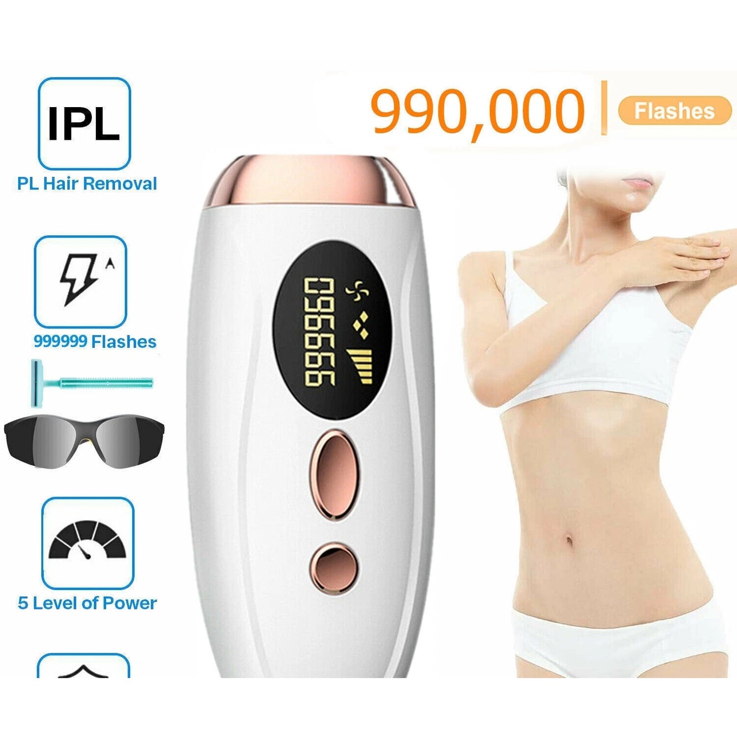 IPL Laser Hair Removal Device | 990,000 Flashes | 5 Levels | LCD Display | Men & Women