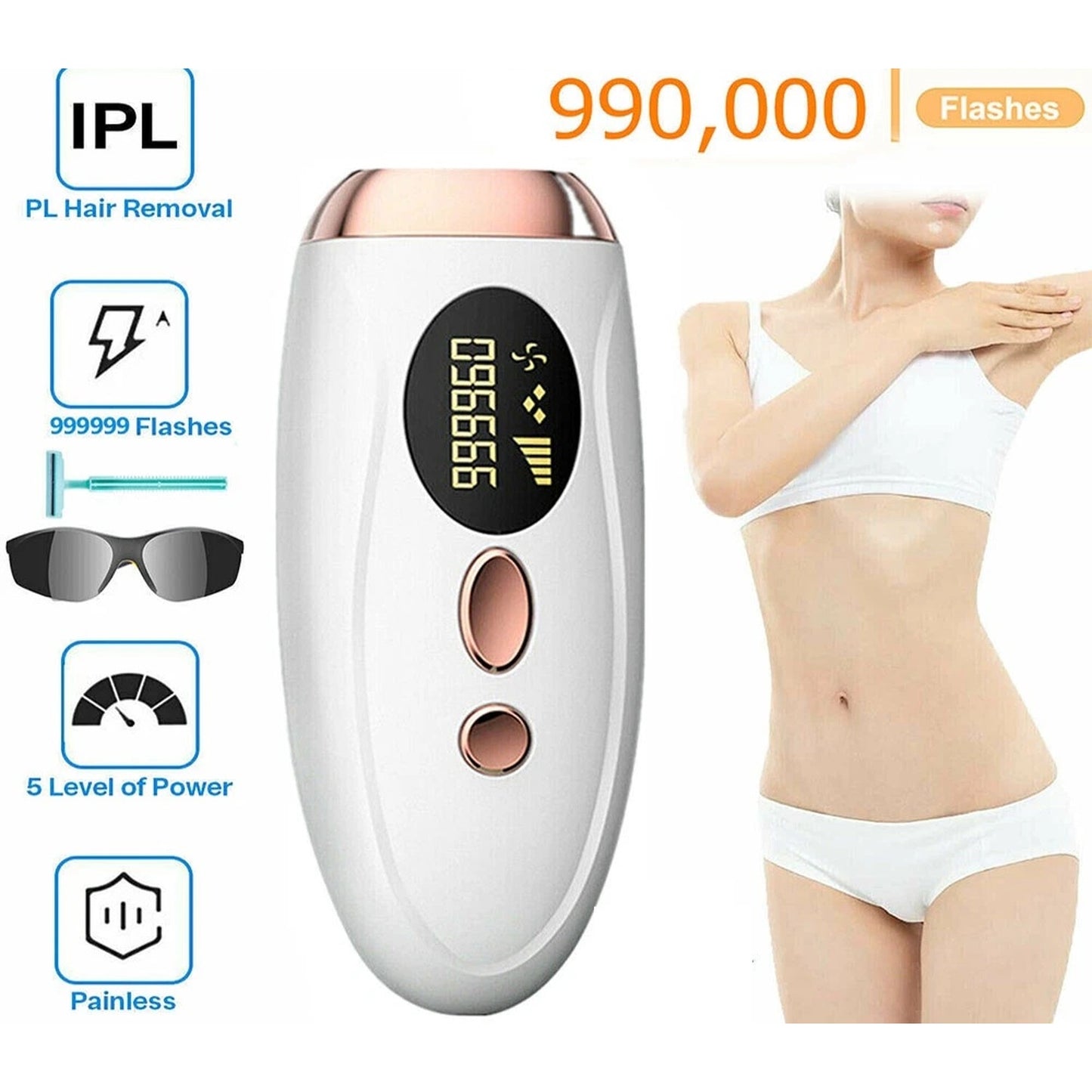 IPL Laser Hair Removal Device | 990,000 Flashes | 5 Levels | LCD Display | Men & Women