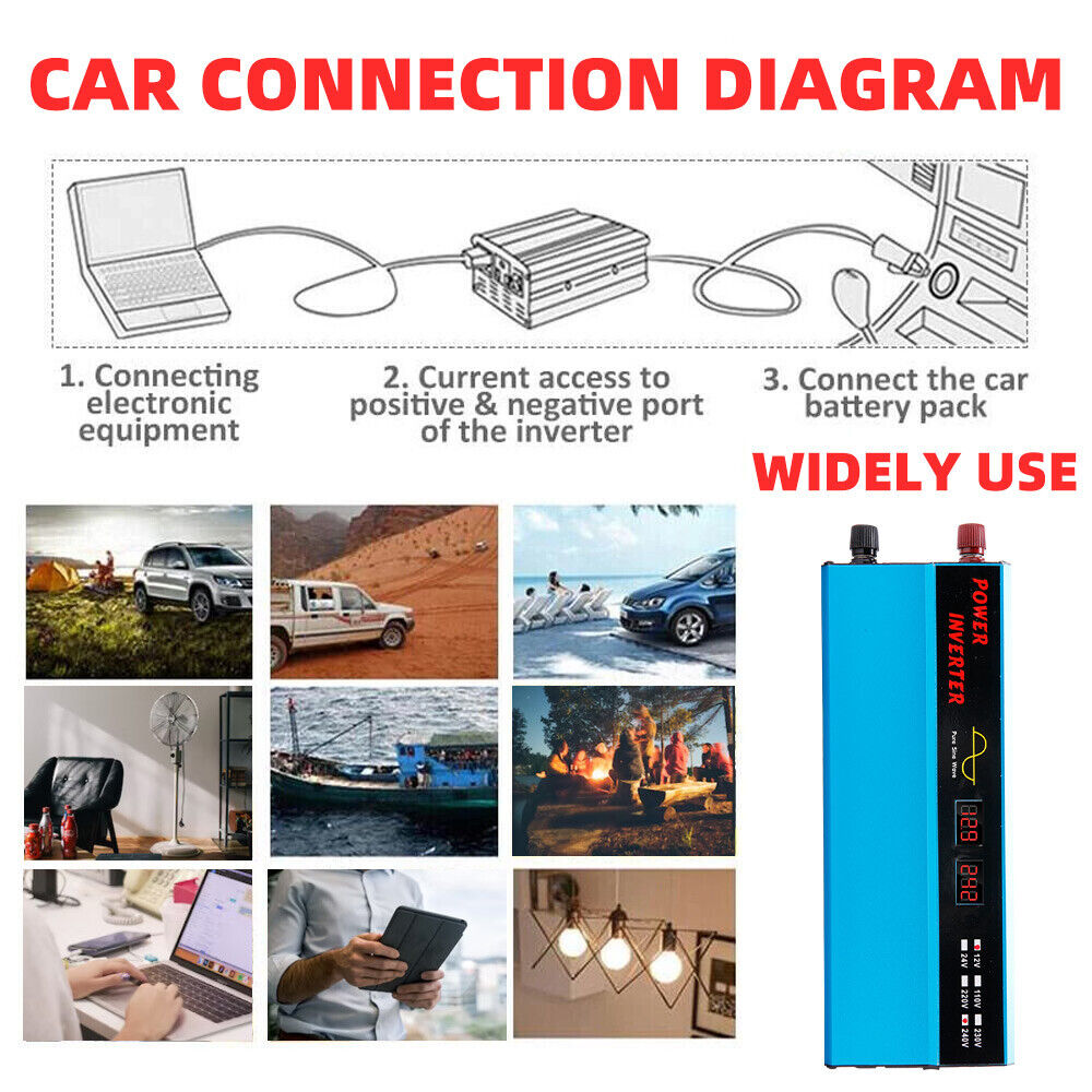 1000W 2000W Pure Sine Wave Power Inverter Dc 12v ~ Ac 240v Camping Travel