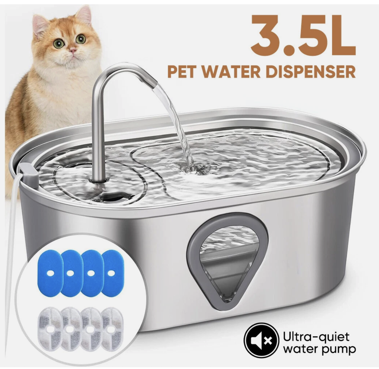 304 Stainless Steel Water Fountain Pet Dog Cat Drinking Dispenser Filter Feeder