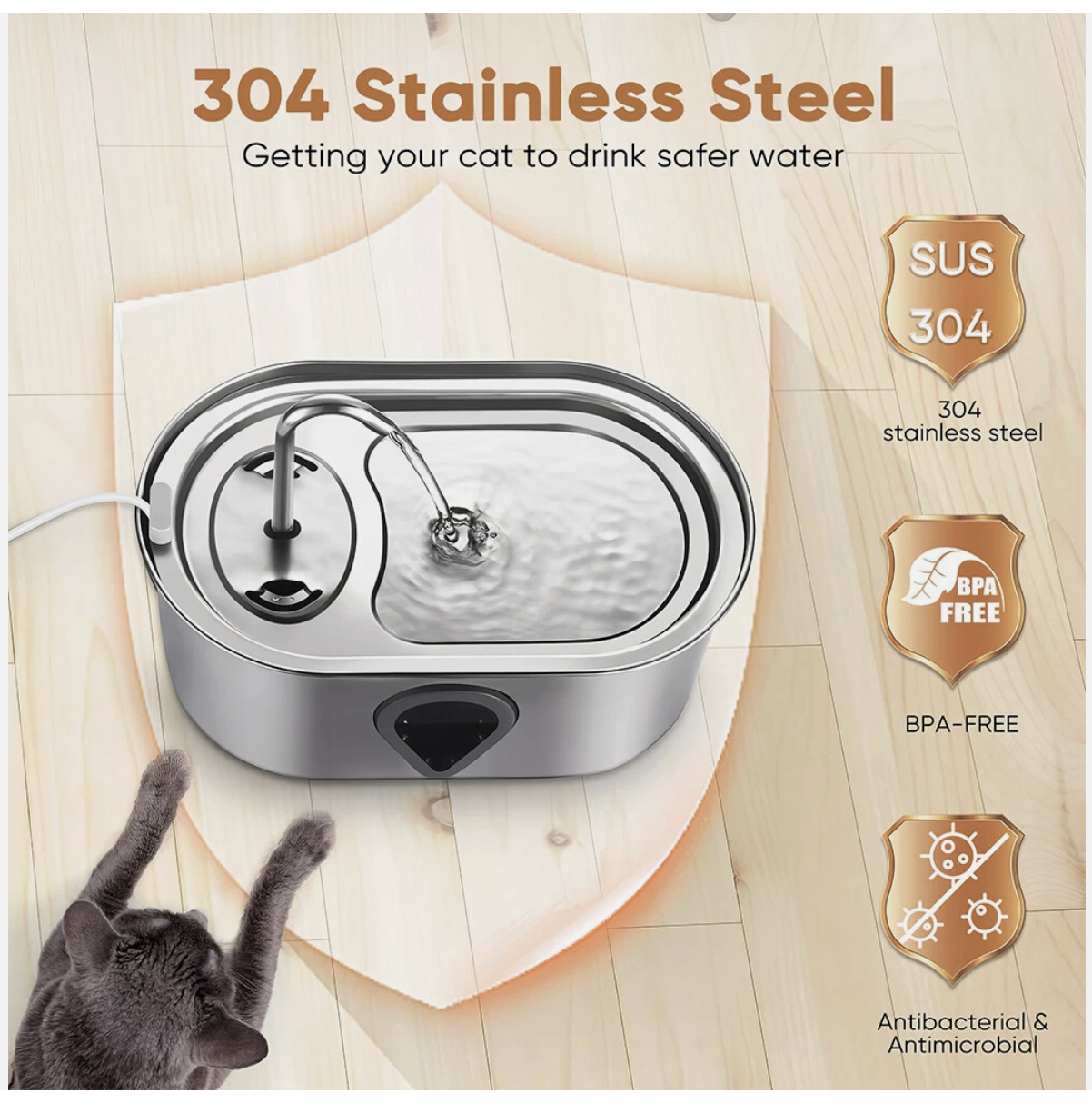 304 Stainless Steel Water Fountain Pet Dog Cat Drinking Dispenser Filter Feeder