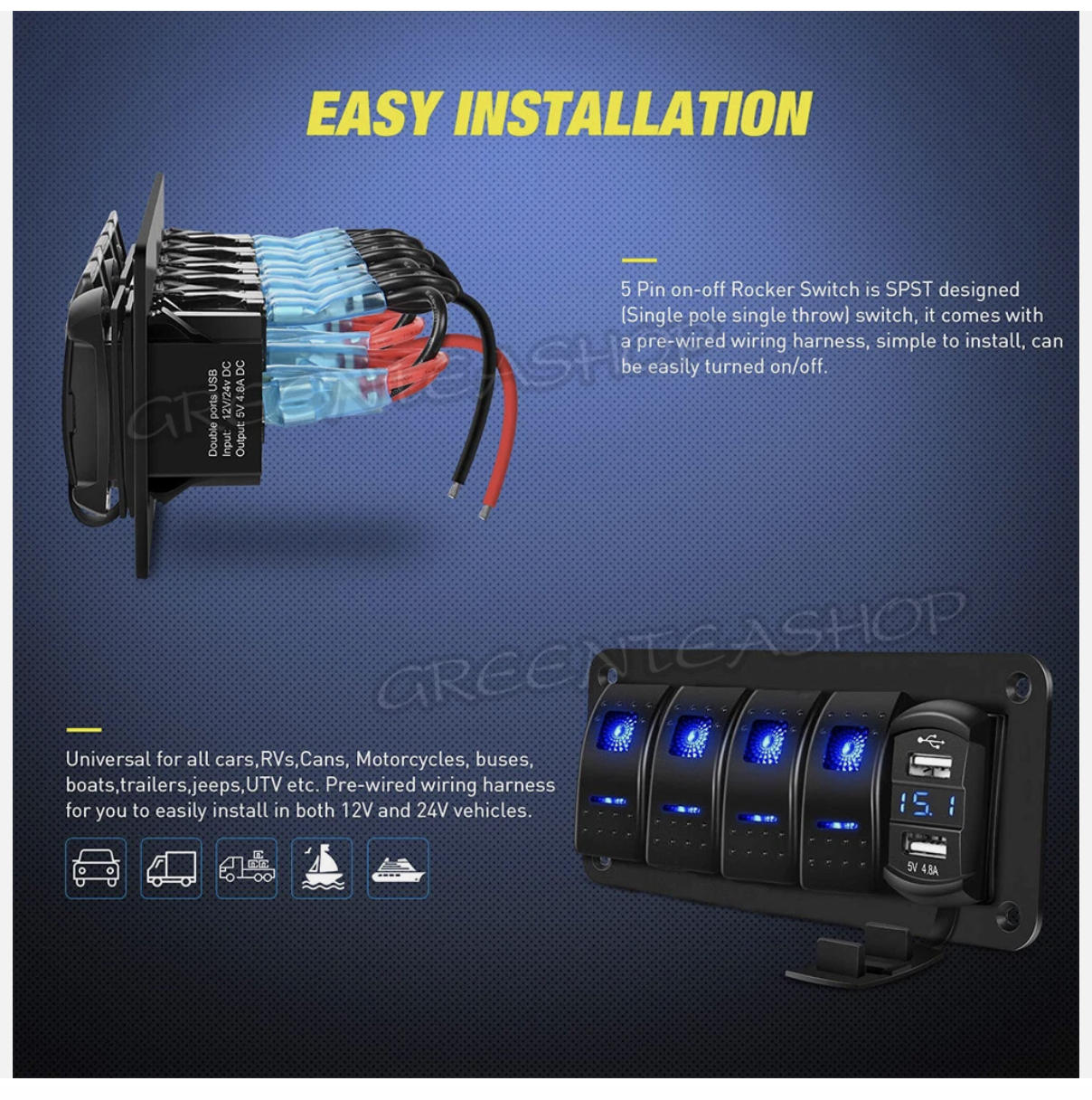 4 Gang 12V Switch Panel Control Dual USB ON OFF Toggle for Car Truck Marine Boat