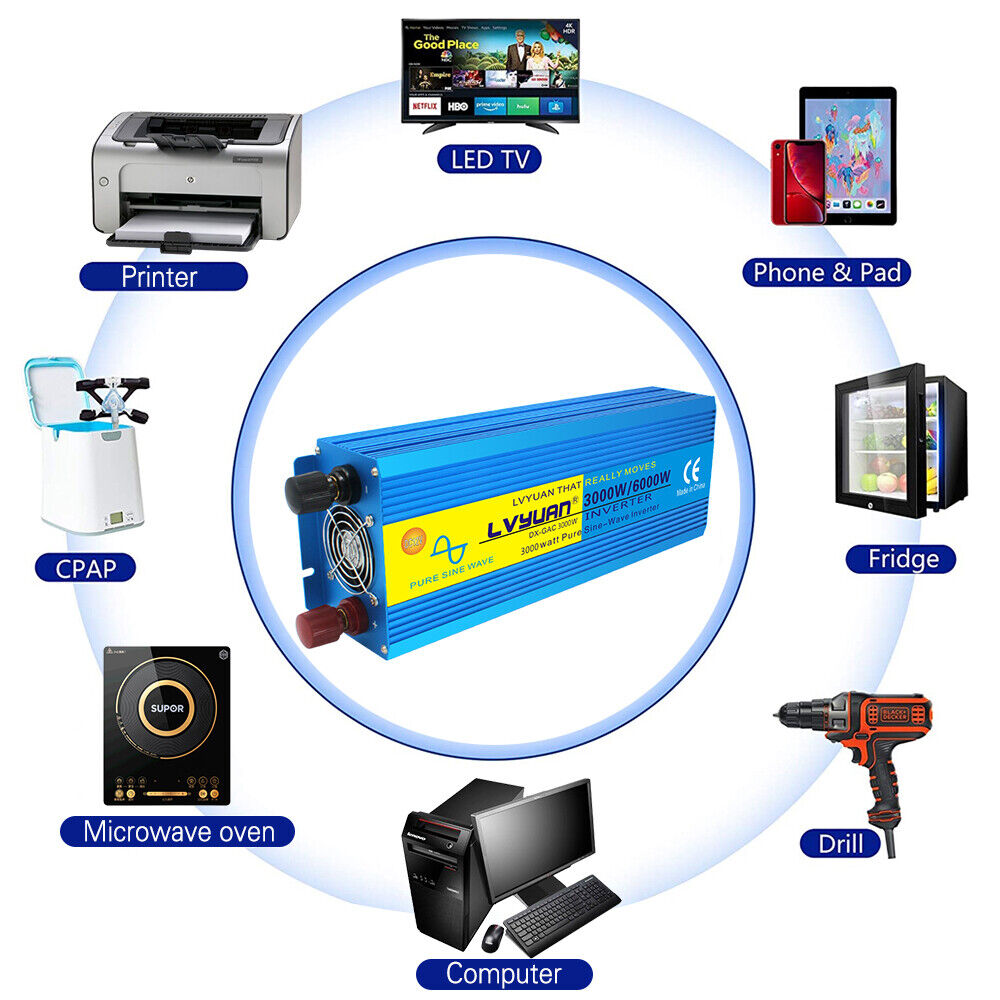 Pure Sine Wave Power Inverter 3000W 6000W 12V To 240V Caravan Camping Boat