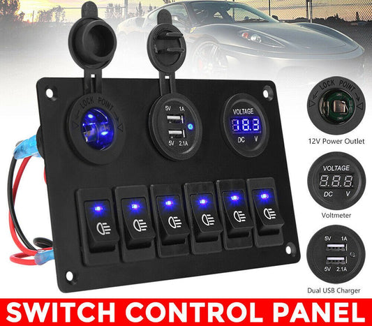 6 Gang 12V Switch Panel Control USB ON-OFF LED Rocker Toggle For Car Boat Marine