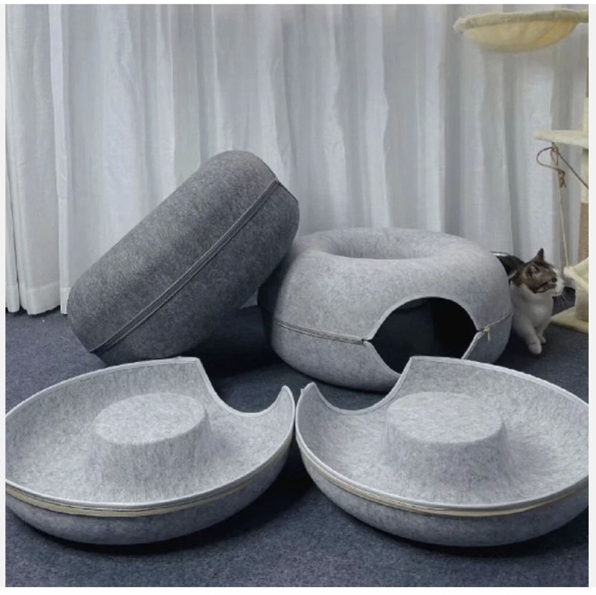 Cat Tunnel Bed Felt Pet Puppy Nest Cave House Round Donut Interactive Play Toy