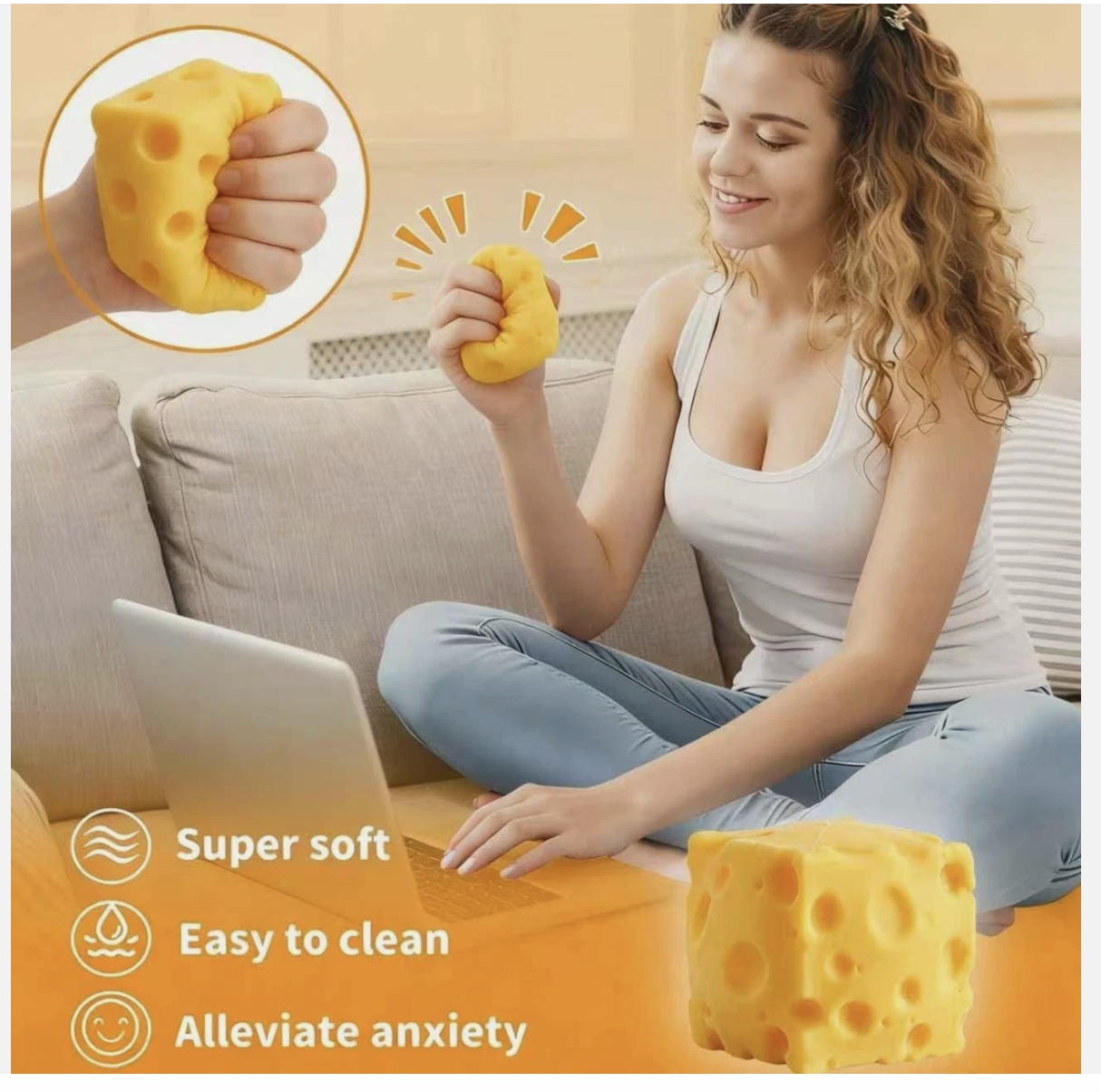 Giant Cheese Kid Squishy Slow Rising Fidget Sensory Toy Squeeze Stress Ball 12CM