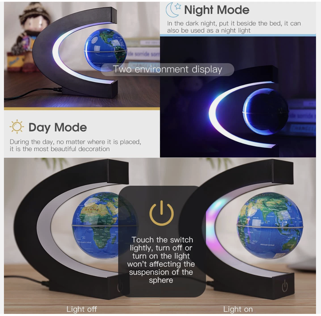 Magnetic Levitation Floating Globe with Touch Switches LED Light, Floating World