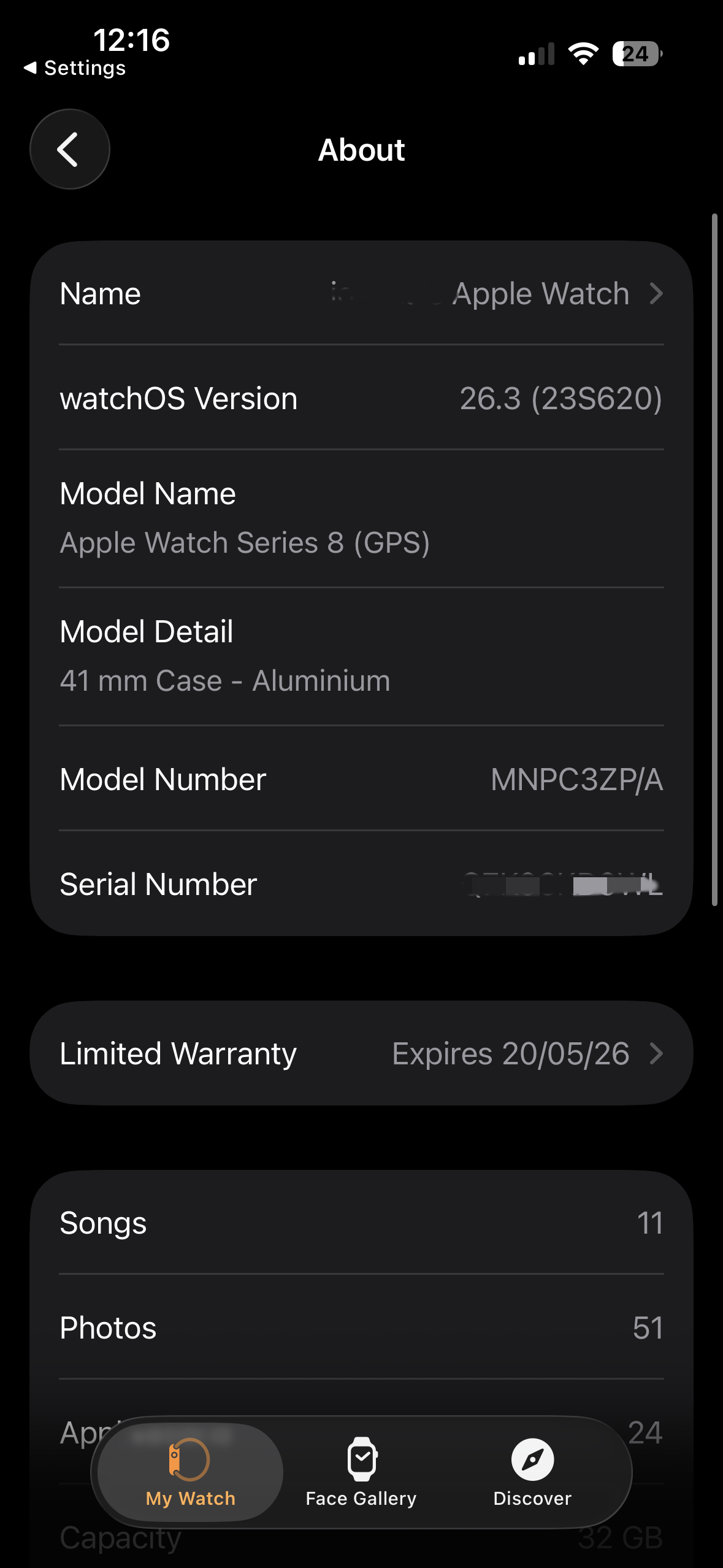 Apple Watch Watch Series 8 (GPS) Alum 41MM Battery Health 99%