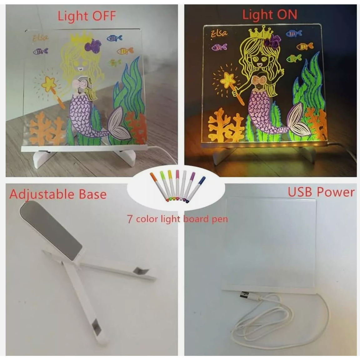 LED Note Board With Colors Acrylic Dry Erase Board Light Up w/ 7 Pens With Light