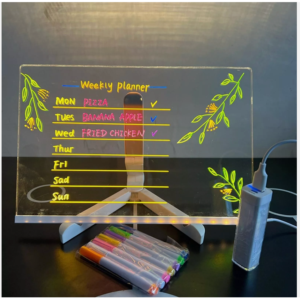 LED Note Board With Colors Acrylic Dry Erase Board Light Up w/ 7 Pens With Light