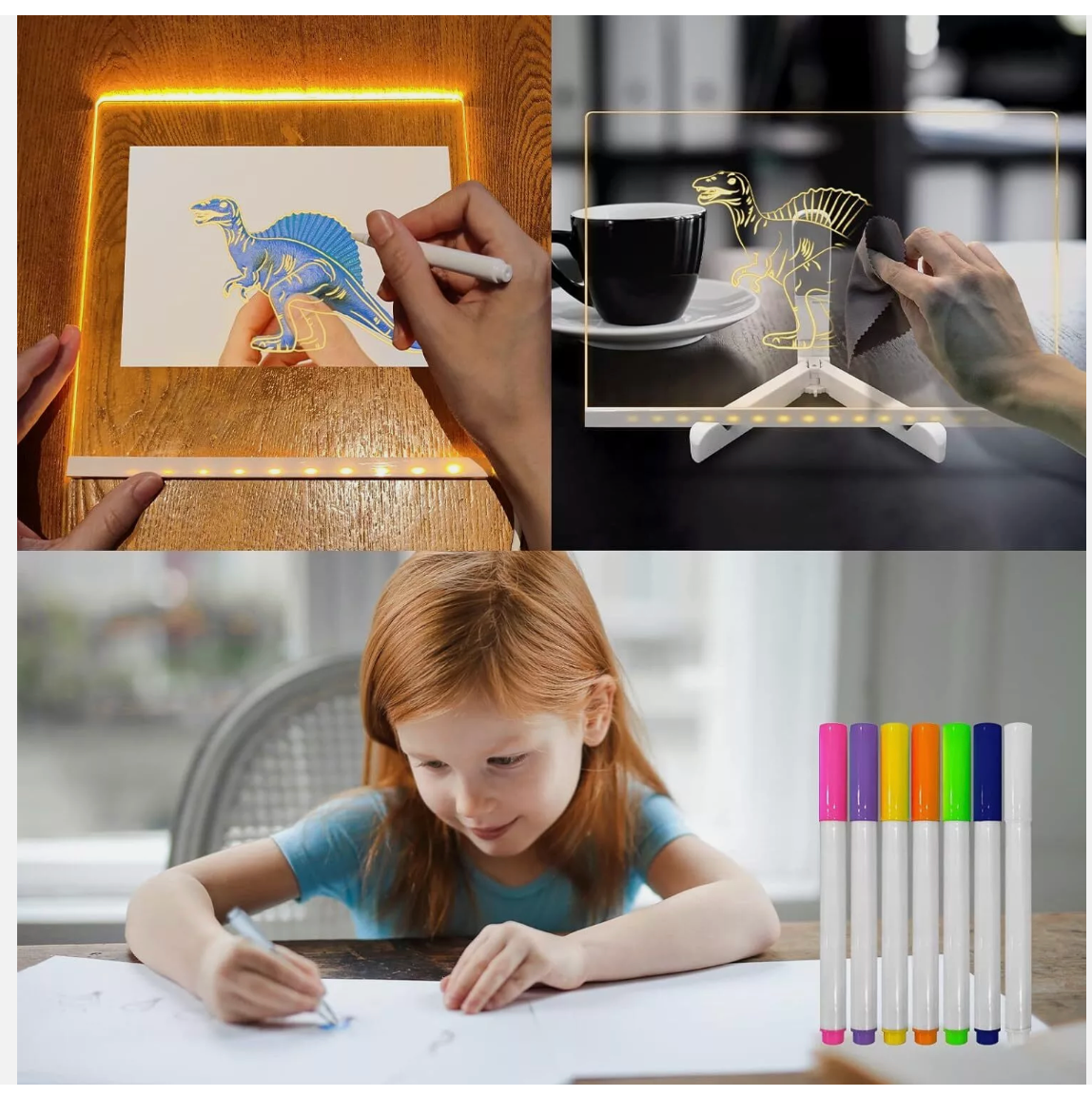LED Note Board With Colors Acrylic Dry Erase Board Light Up w/ 7 Pens With Light