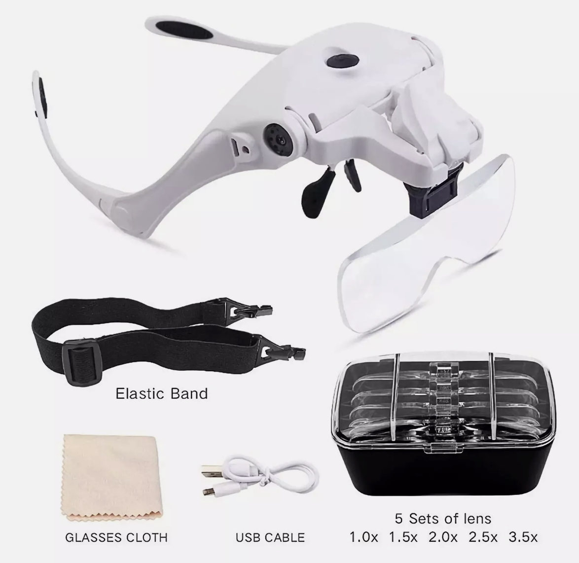 5 Lens Magnifying Glasses LED Headband Headset Head Magnifier Rechargeable