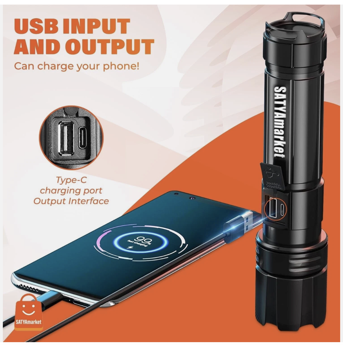 LED Flashlight Super Bright Rechargeable Torch Light Waterproof, USB Charging