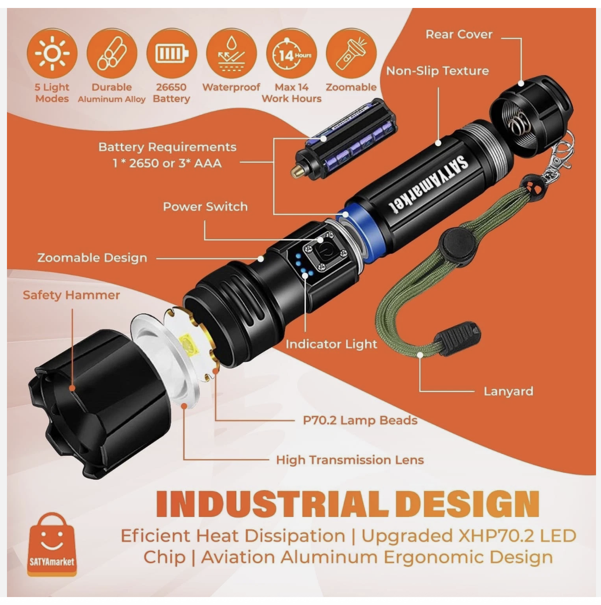 LED Flashlight Super Bright Rechargeable Torch Light Waterproof, USB Charging