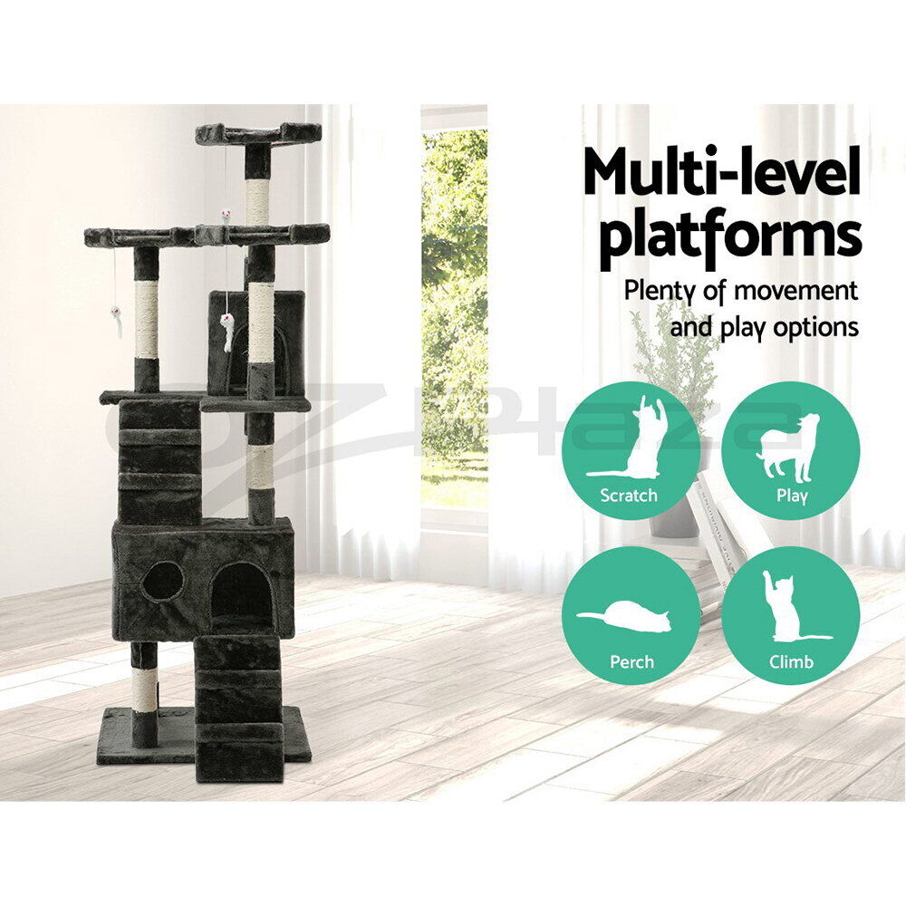 Cat Tree Tower Scratching Post Scratcher 173cm Wood Condo House Toys Grey