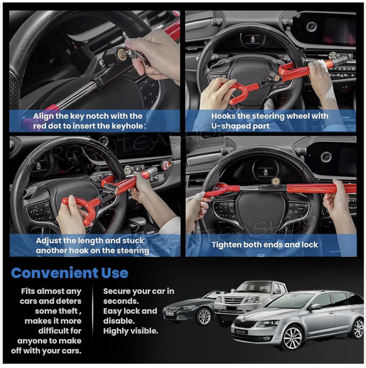 Steering Wheel Lock The Club Twin Hooks Anti Theft Universal Car Van Truck SUV