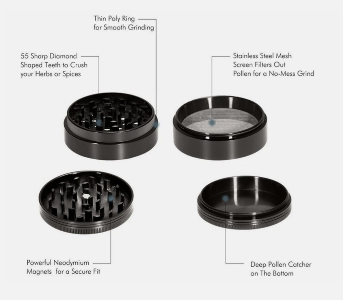 55mm DIA 4 Layer Metal Zinc Alloy Herb Tobacco Grinder Hand Muller Smoke Crusher