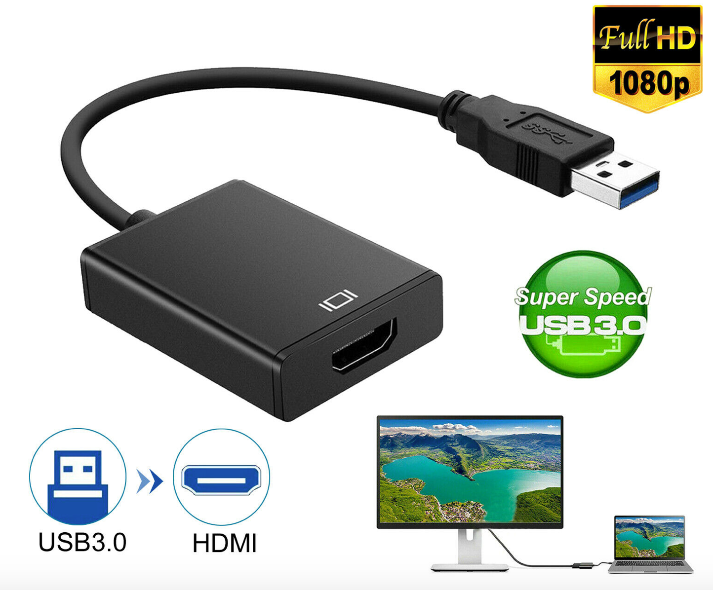 USB 3.0 to HDMI Cable Converter Display Graphic Adapter For Laptop PC HD 1080P