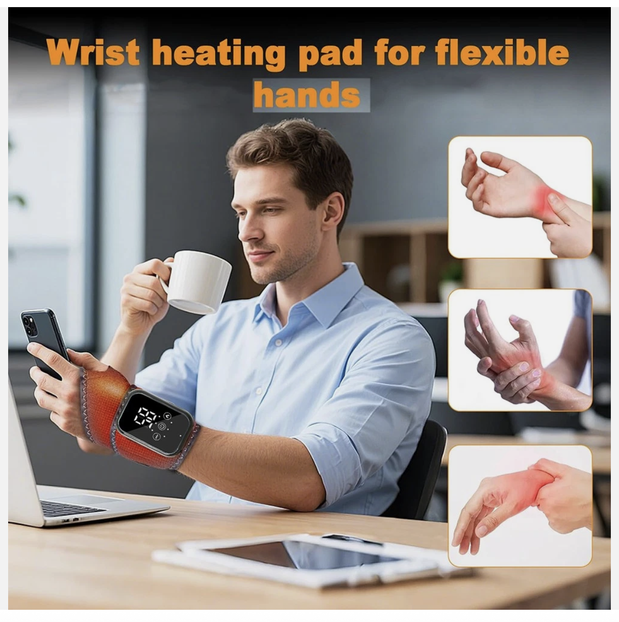 Cordless Wrist Heating Pad with Massage Carpal Tunnel Relief with 3 Vibrations
