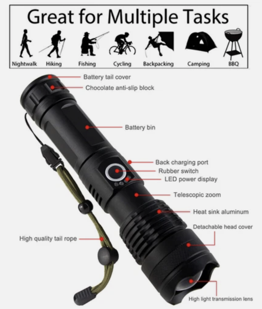 20W LED Military Torch USB Rechargeable Tactical Flashlight