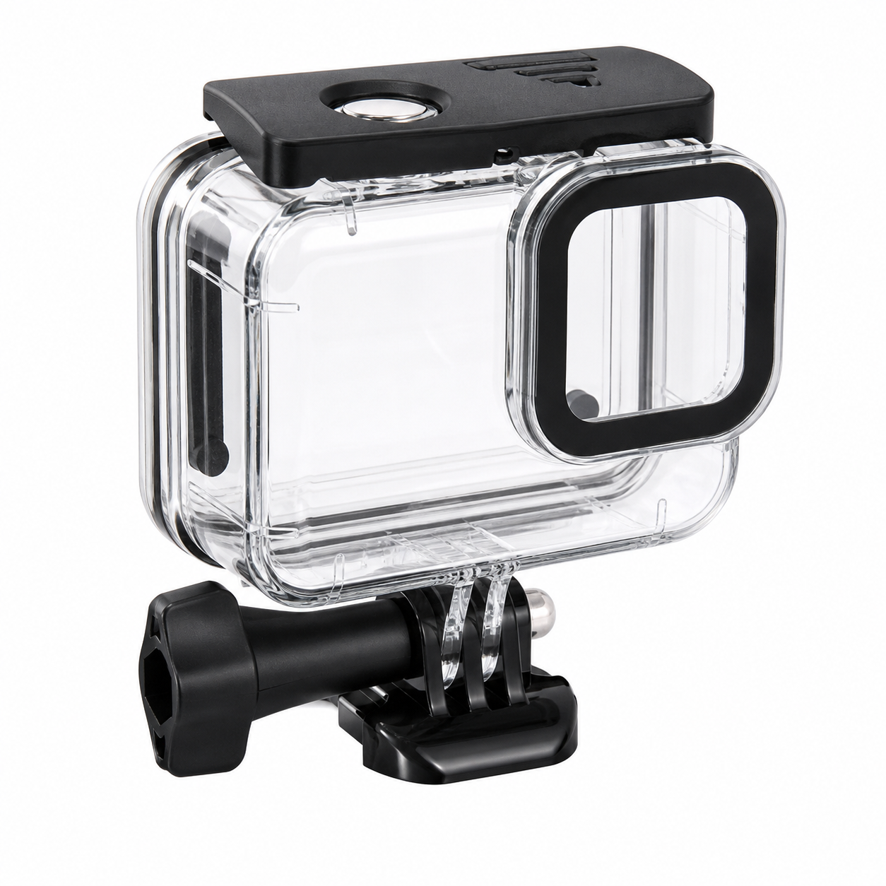 Clear waterproof action camera housing with mounting buckle