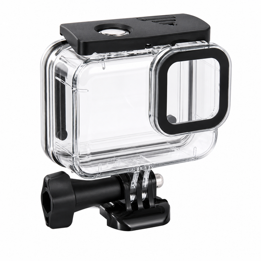 Clear waterproof action camera housing with mounting buckle