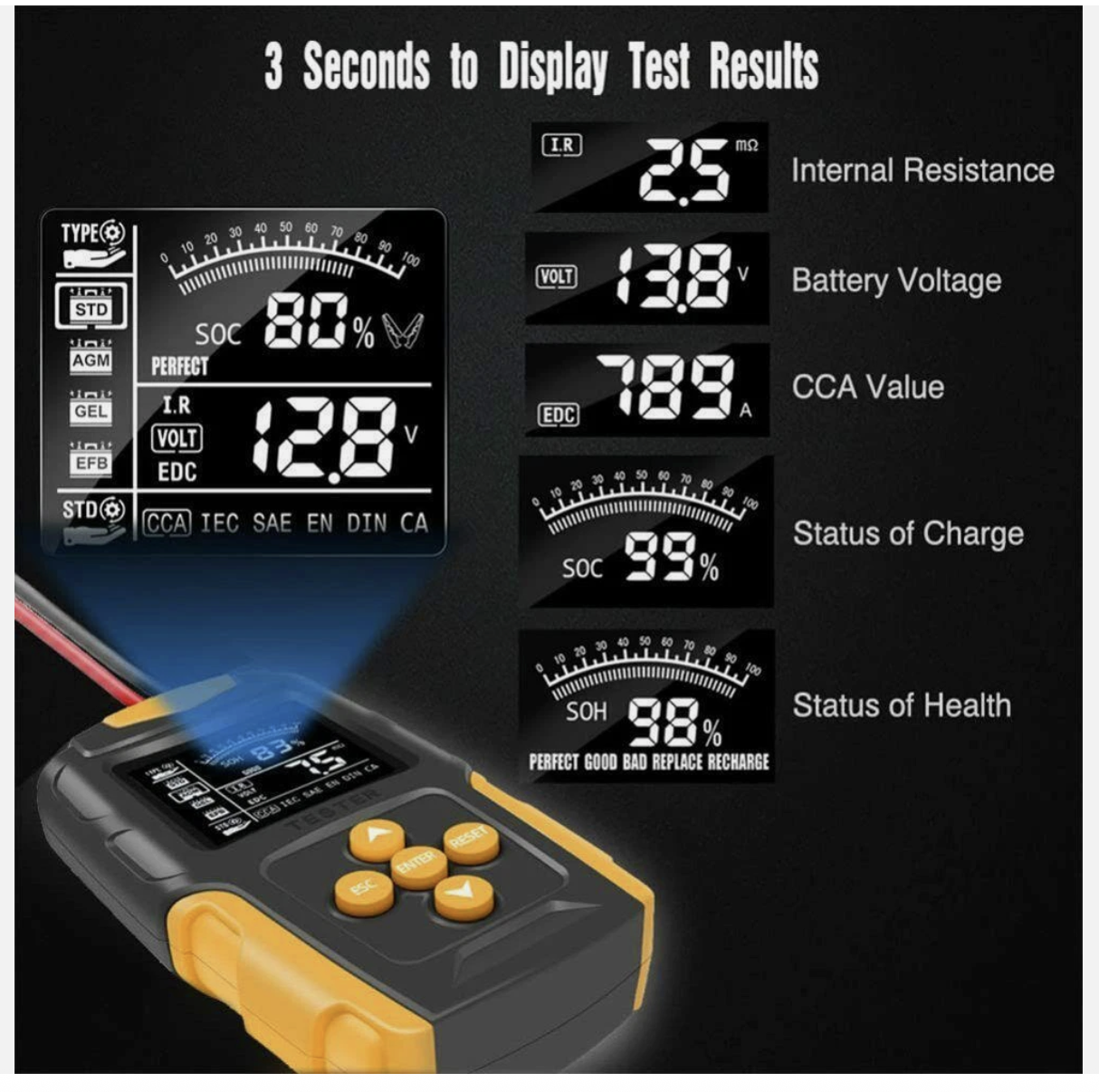 Car Battery Tester 12V 24V Gel AGM WET Battery Analyzer Charging Diagnostic Test